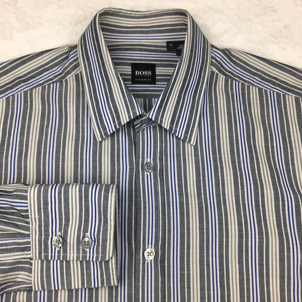 BOSS Hugo Boss Men's Medium Gray Beige Striped Dress‎ Shirt Regular Fit